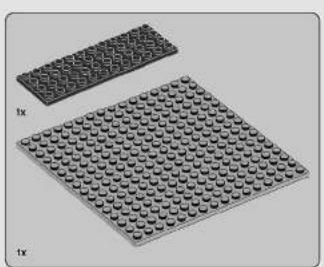 Two LEGO-printed square tiles with circular indentations, labeled '1x' on the top left (no other text or symbols)