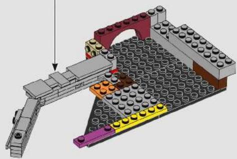 3D diagram of a LEGO structure with a bracket and base plate, showing no text or symbols