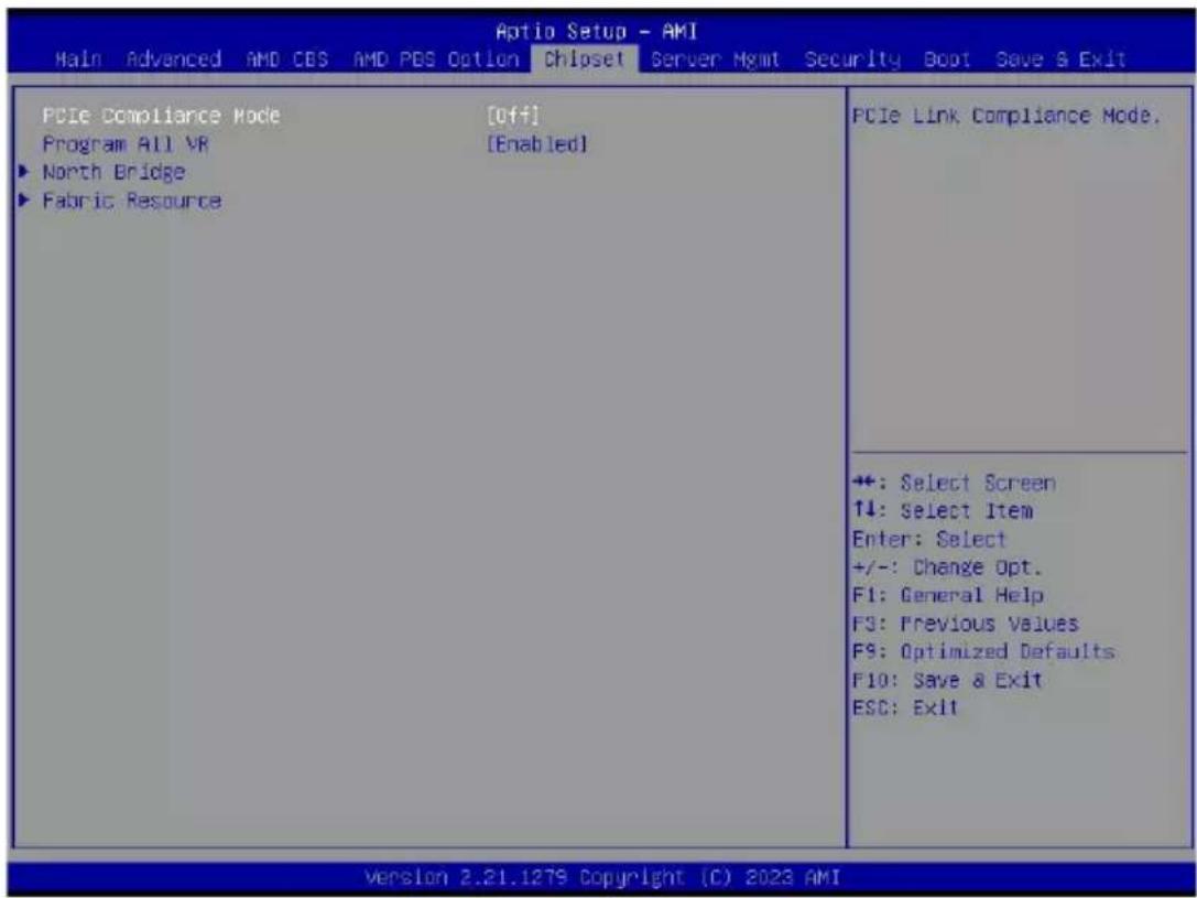Aptio Setup - AMI Main Advanced AMD CBS AMD PDS Option Chipset Server Hgmt Security Boot Save & Exit PCIe Compliance Mode [Off] Program All VR [Enabled] ► North Bridge ► Fabric Resource PCIe Link Compliance Mode. +: Select Screen ↑↓: Select Item Enter: Select +/-: Change Opt. F1: General Help F3: Previous Values F9: Optimized Defaults. F10: Save & Exit ESC: Exit Version 2.21.1279 Copyright (C) 2023 AMI