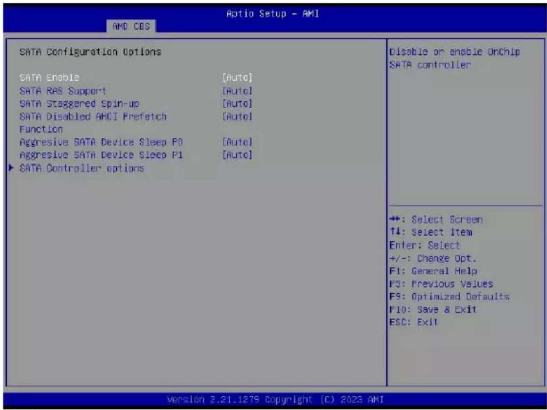 SATA Configuration Options SATA Enable [Auto] SATA RAS Support [Auto] SATA Staggered Spin-up [Auto] SATA Disabled AHCI Prefetch [Auto] Function Aggressive SATA Device Sleep P0 [Auto] Aggressive SATA Device Sleep P1 [Auto] ▶ SATA Controller options Disable or enable OnChip SATA controller +: Select Screen ↑: Select Item Enter: Select +/-: Change Opt. F1: General Help F3: Previous Values F9: Optimized Defaults F10: Save & Exit ESC: Exit version 2.21.1279 Copyright (C) 2023 AMI