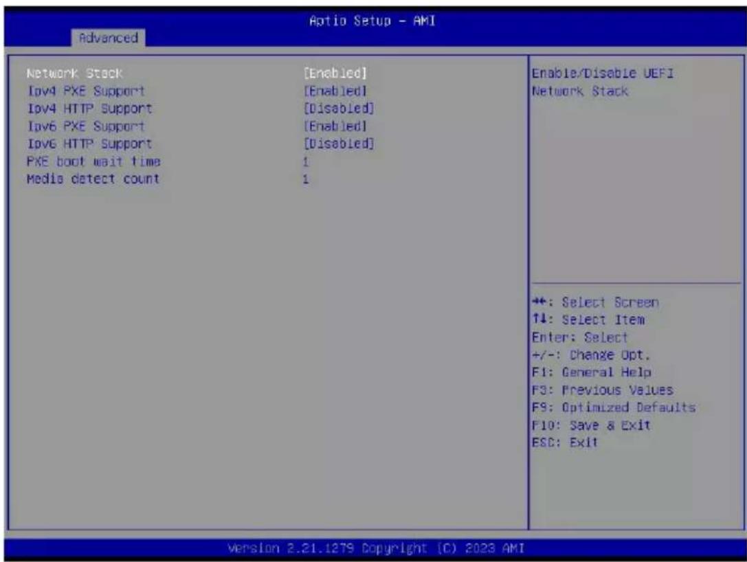 Advanced Optio Setup - AMI Network Stack [Enabled] Ipv4 PXE Support [Enabled] Ipv4 HTTP Support [Disabled] Ipv6 PXE Support [Enabled] Ipv6 HTTP Support [Disabled] PXE boot wait time 1 Media detect count 1 Enable/Disable UEFI Network Stack +: Select Screen ↑↓: Select Item Enter: Select +/-: Change Opt. F1: General Help F3: Previous Values F9: Optimized Defaults F10: Save & Exit ESC: Exit Version 2.21.1279 Copyright (C) 2023 AMI