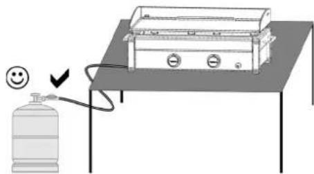 Diagram showing a gas cylinder connected to a portable stove with a smiling face, indicating heating or safety warning.