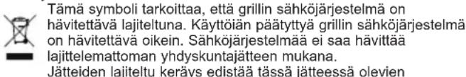 Tämä symboli tarkoittaa, että grillin sähköjärjestelmä on hävitettävä lajiteltuna. Käyttöiän päätyttyä grillin sähköjärjestelmä on hävitettävä oikein. Sähköjärjestelmää ei saa hävittää lajittelemattoman yhdyskuntajätteen mukana. Jätteiden lajiteltu keräys edistää tässä jätteessä olevien
