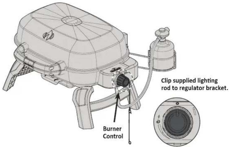 Clip supplied lighting rod to regulator bracket. Burner Control