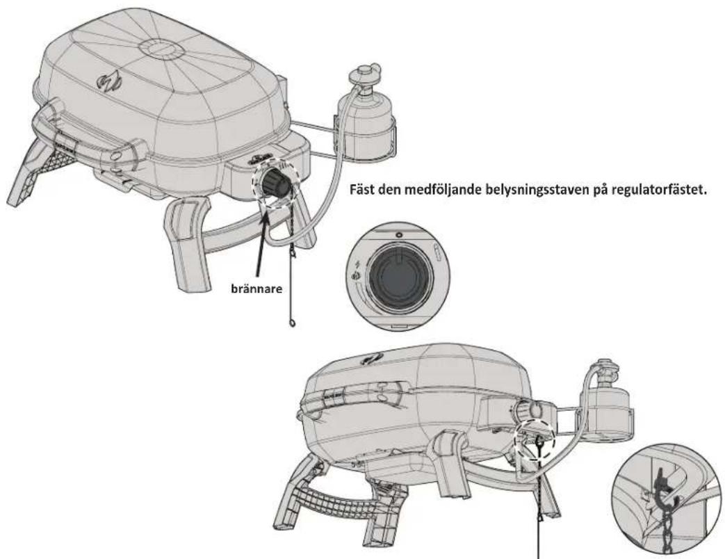 Fäst den medföljande belysningsstaven på regulatorfästet. brännare