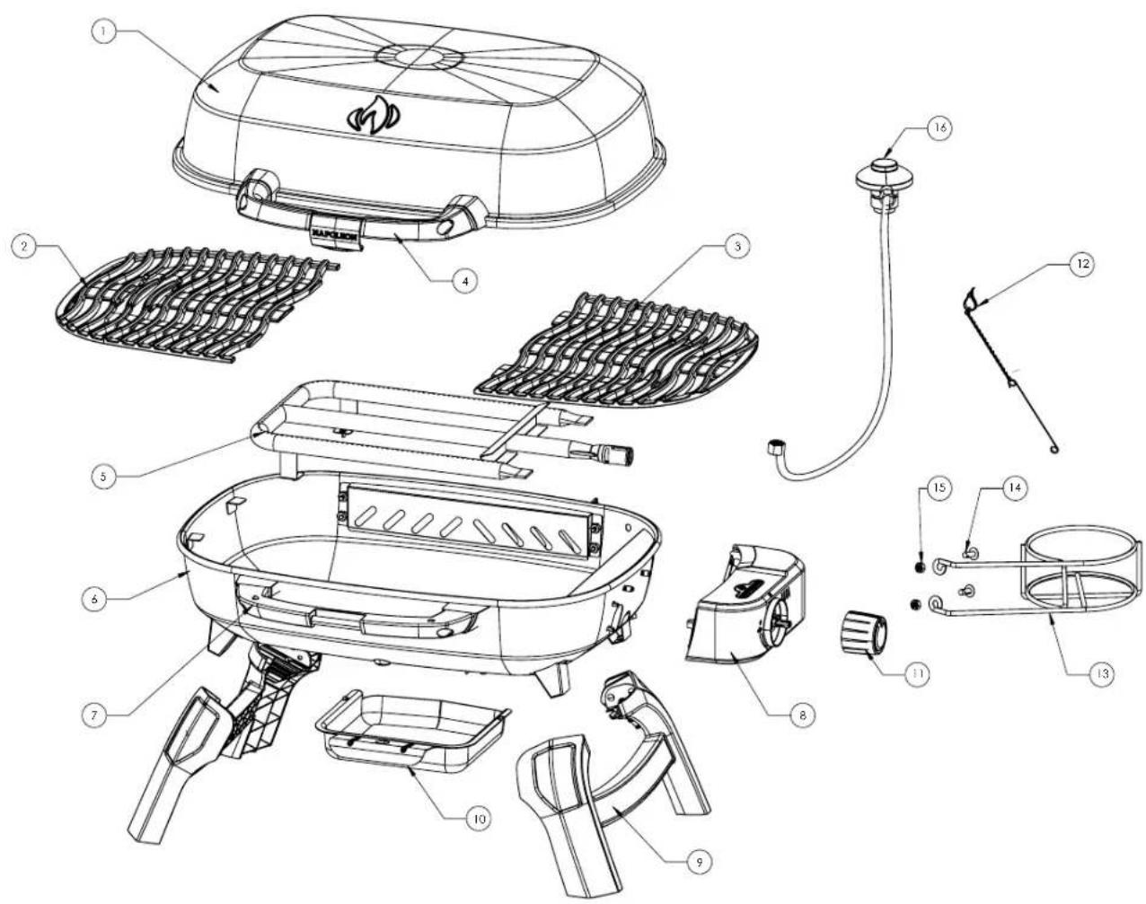 Exploded diagram of a gas stove with numbered parts for identification and assembly reference.
