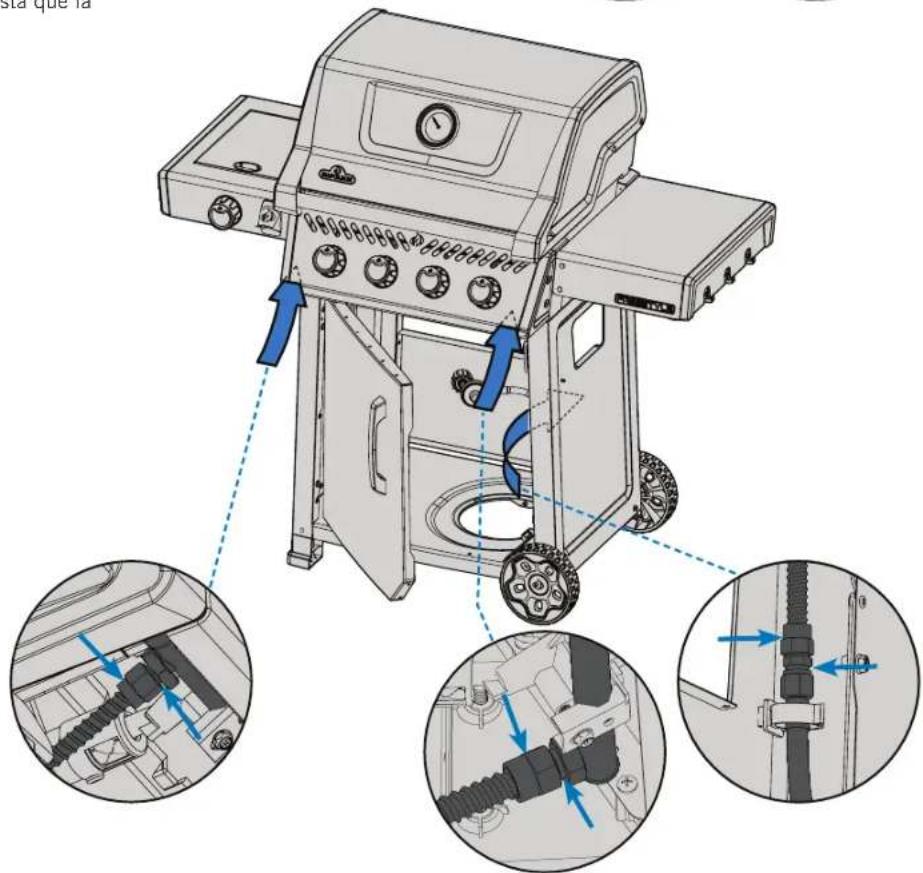 Technical diagram of a portable electric grill with labeled components and blue arrows indicating motion or assembly steps.