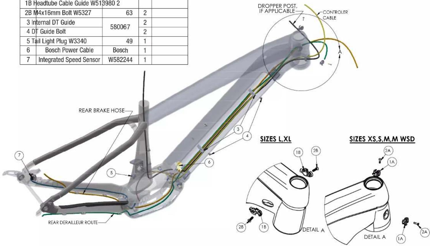 1B Headtube Cable Guide W513980 2 2B M4x16mm Bolt W5327 63 2 3 Internal DT Guide 580067 2 4 DT Guide Bolt 2 5 Tail Light Plug W3340 49 1 6 Bosch Power Cable Bosch 1 7 Integrated Speed Sensor W582244 1 REAR BRAKE HOSE REAR DERAILLEUR ROUTE SIZES L,XL SIZES XS,S,M,M WSD DETAIL A DETAIL A 1A 2A 1B 2B 1A 2B 3 4 6 7 DROPPER POST. IF APPLICABLE CONTROLLER CABLE