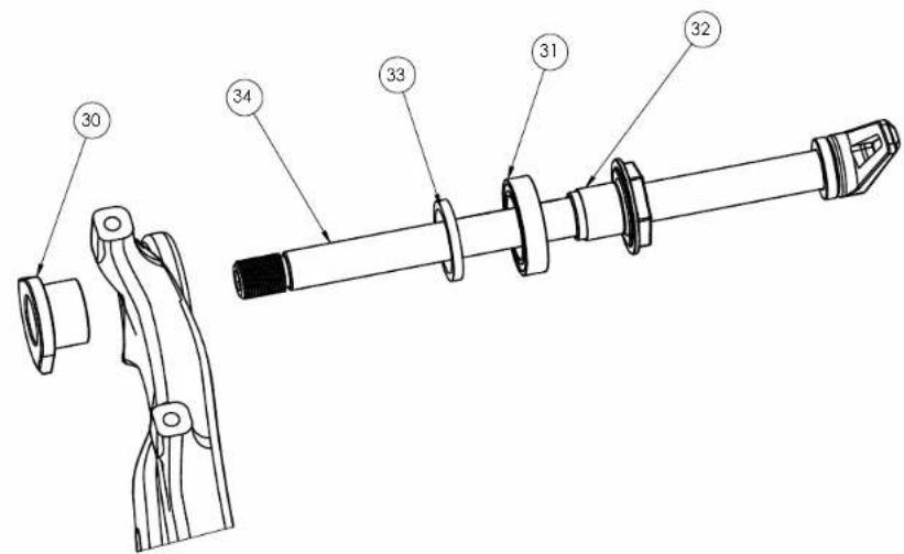 Technical diagram of a mechanical device with numbered parts labeled 30 to 34