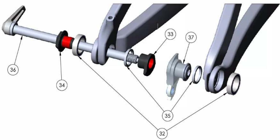 Technical diagram of a mechanical assembly with numbered parts labeled 32 to 37