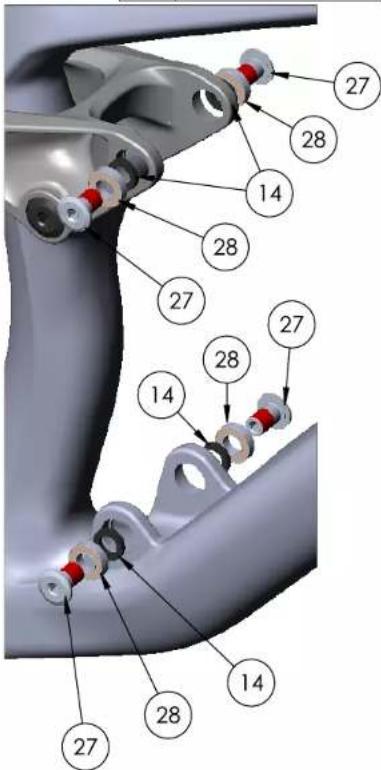 Technical diagram of a mechanical assembly with numbered components and red connectors