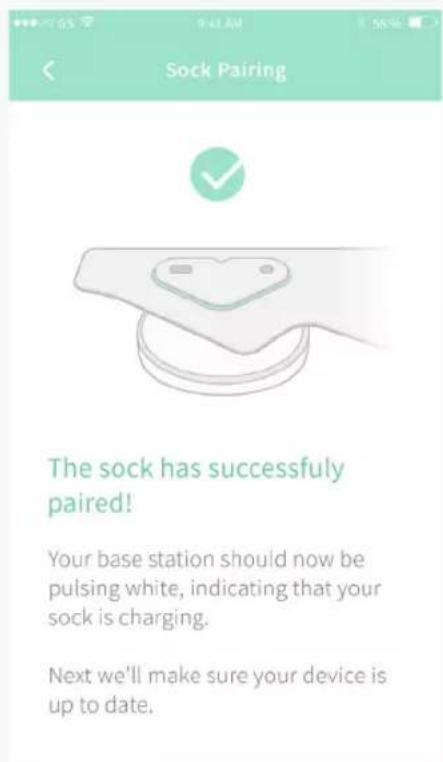 Sock Pairing The sock has successfully paired! Your base station should now be pulsing white, indicating that your sock is charging. Next we'll make sure your device is up to date.