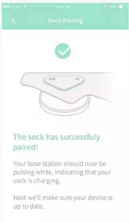 Sock Pairing The sock has successfully paired! Your base station should now be pulsing white, indicating that your sock is charging. Next we'll make sure your device is up to date.