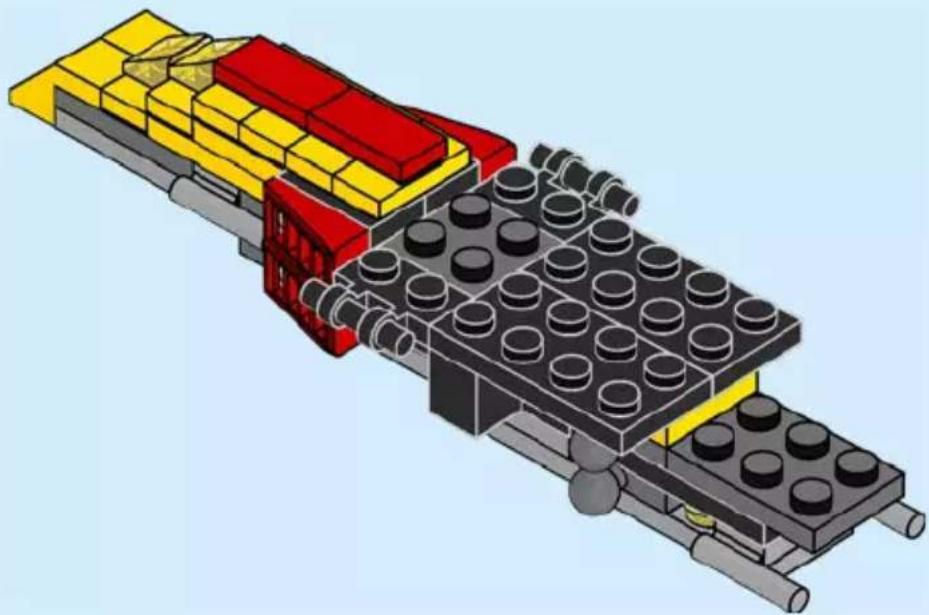3D diagram of a LEGO mechanical assembly with red and yellow blocks on a conveyor belt (no text or symbols)