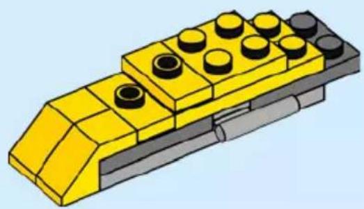 3D illustration of a yellow LEGO brick with black and gray components (no text or symbols)