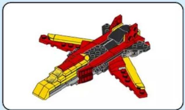 3D model of a red and yellow LEGO rocket with segmented body (no text or symbols)