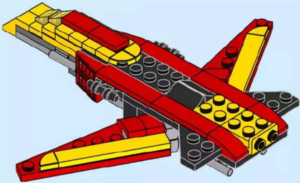 3D illustration of a red and yellow LEGO airplane with segmented body and wheels (no text or symbols)