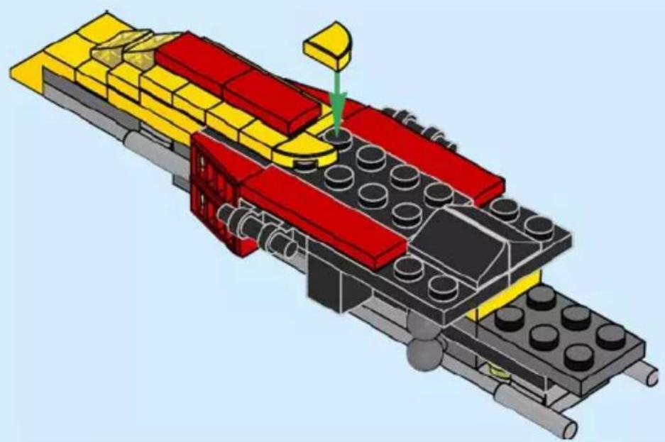 3D diagram of a LEGO mechanical assembly with red and yellow components, no text or symbols present