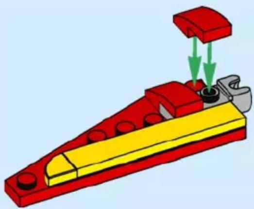 3D illustration of a red and yellow LEGO mechanical component with green arrows indicating motion or force direction (no text or symbols)