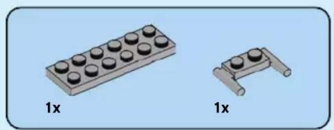 Two LEGO-shaped blocks with black circular tops, labeled '1x' below each (no text or symbols on the blocks themselves)