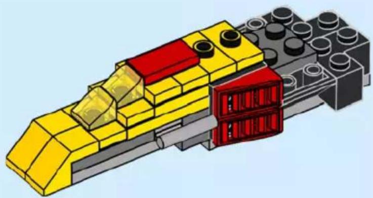3D diagram of a yellow and red LEGO mechanical assembly with no visible text or symbols