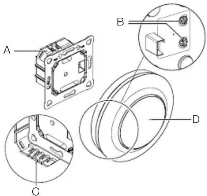 Technical diagram of a mechanical assembly with labeled components A, B, C, and D
