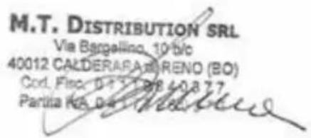 M.T. DISTRIBUTION SRL Via Bargellino, 10 B/c 40012 CALDERAR AIRENO (BO) Cod. Finc. 0.37188 4.0.3.7.7 Partita R#. 0.41188 4.0.3.7.7