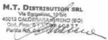 M.T. DISTRIBUTION SRL Via Bargeling, 10 B/c 40012 CALDERARA BURENO (BO) Cod. Finoc: 0-1-1 1984-0-8-7-7 Partita R.A. 04-1-1 1984-0-8-7-7