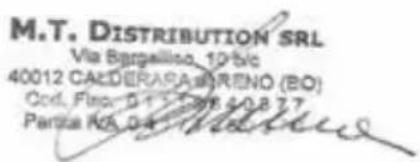 M.T. DISTRIBUTION SRL Via Bergellico, 10/5c 40012 CADERASA@RENO (BO) Cod. Fino: 0 13 208 4 08 77 Partita NA 04 1965