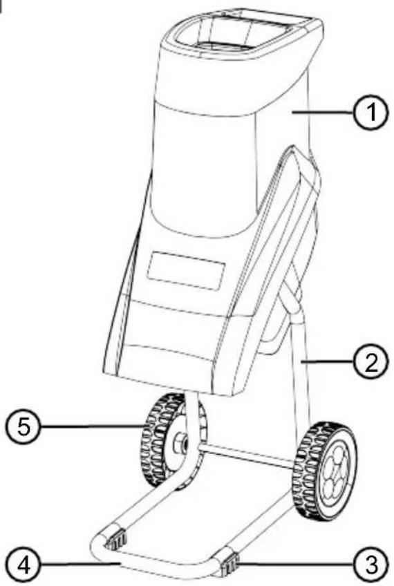 Technical diagram of a lawn mower with numbered parts labeled 1 through 5