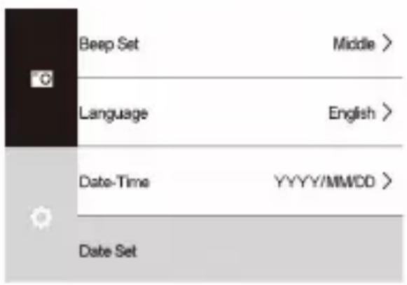 Beep Set Middle > Language English > Date-Time YYYY/MMDD > Date Set