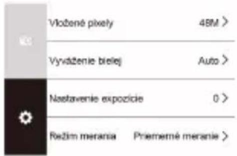 Vložené pixelsy 48M > Vyvaženie biellej Auto > Nastavenie expozície 0 > Režim merania Priememé meranie >