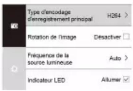 Type d'encodage d'enregistrement principal H264 > Rotation de l'image Désactiver Fréquence de la source lumineuse Auto > Indicateur LED Altumer