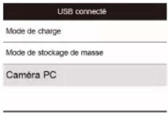 USB connecté Mode de charge Mode de stockage de masse Caméra PC