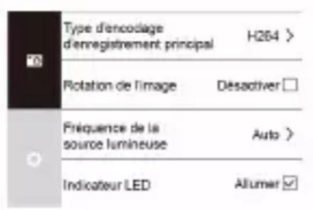 Type d'encodage d'enregistrement principal H264 > Rotation de l'image Désactiver □ Fréquence de la source lumineuse Auto > Indicateur LED Allumer √