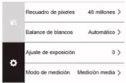 Recuadro de pixelos 48 millones > Balance de blancos Automático > Ajuste de exposición 0 > Modo de medición Medición media >