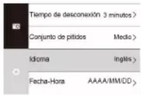 Tiempo de desconexión 3 minutos > Conjunto de pitidos Medio > Idioma Inglés > Fecha-Hora AAAA/MM/DD >