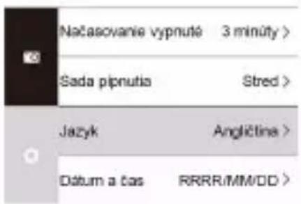 Načasovanie vypnuté 3 minúty > Sada pipnutia Stred > Jazyk Angličine > Datum a čas RRRR/MM/DD >