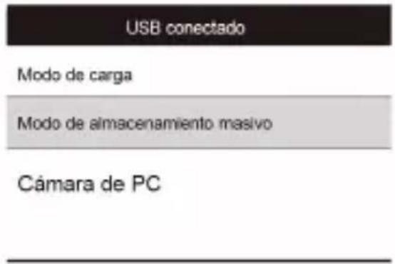 USB conectado Modo de carga Modo de almacenamiento masivo Cámara de PC