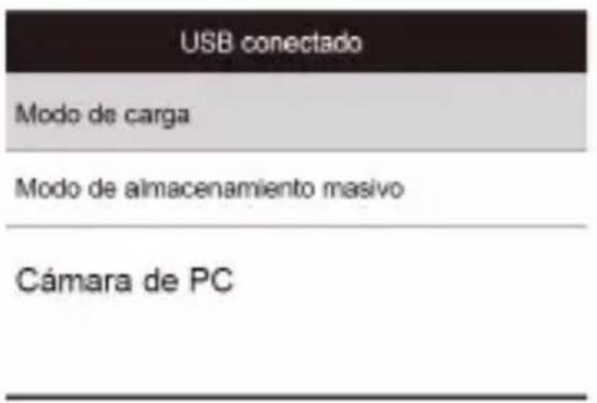 USB conectado Modo de carga Modo de almacenamiento masivo Cámara de PC