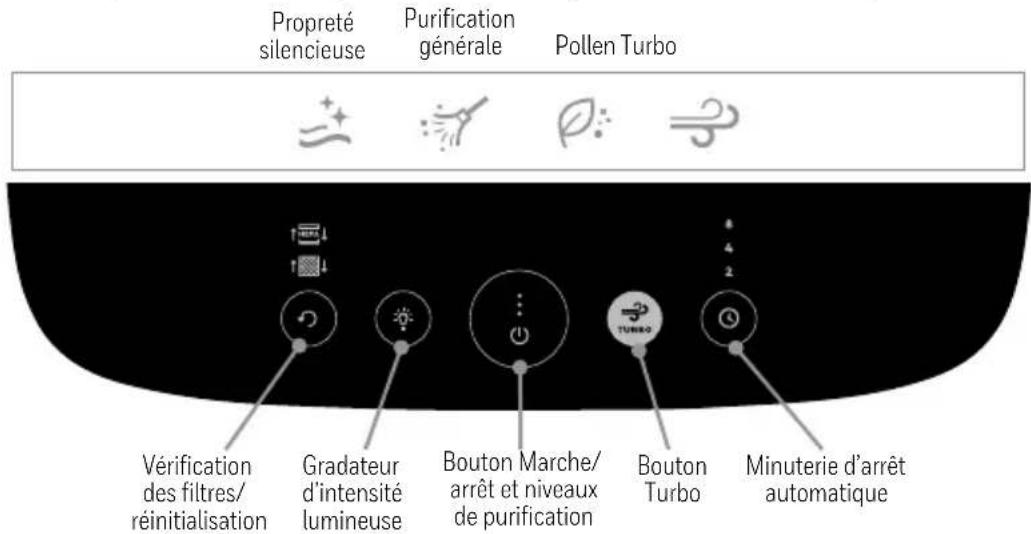 Propreté silencieuse Purification générale Pollen Turbo Vérification des filtres/ réinitialisation Gradateur d'intensité lumineuse Bouton Marche/ arrêt et niveaux de purification Bouton Turbo Minuterie d'arrêt automatique