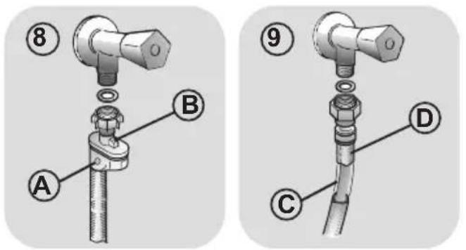 Technical diagram showing two mechanical assembly steps labeled A, B, C, D with numbered annotations