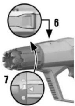 Diagram of a handheld device with labeled parts and arrows indicating assembly or operation steps