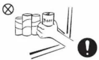 Diagram showing a hand holding a cup of '30mm' with a warning symbol and a cross mark, next to stacked cylindrical objects and a warning icon.