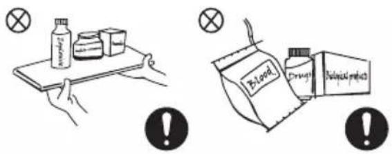 Illustration showing two food safety scenarios: one with a hand holding a tray of milk and a bottle, the other with a packet labeled 'Blood' and warning symbols.