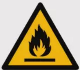Warning sign depicting a flame symbol in yellow and black on white background