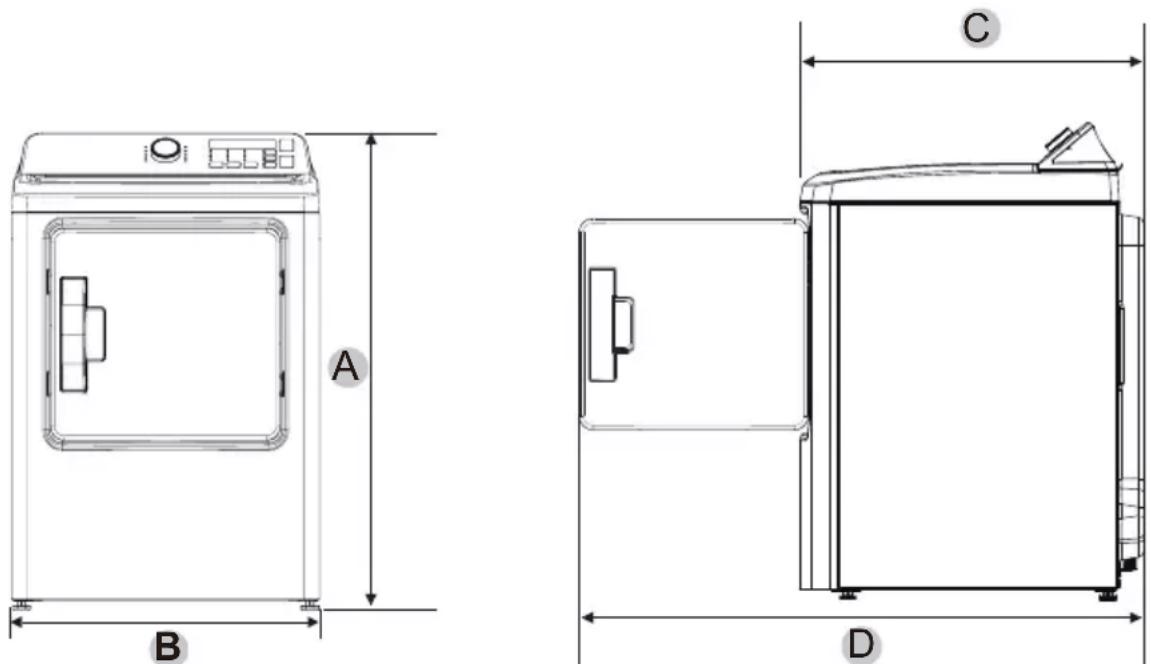 MIDEA MLE47R5BWW - Minimum clearances between the dryer and adjacent walls or other surfaces: - 1