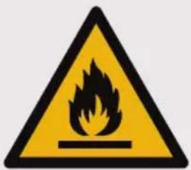 Warning sign depicting a flame symbol in yellow and black, indicating hazard or electrical hazard.
