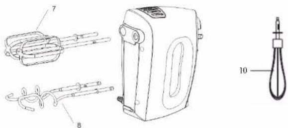Technical diagram showing exploded and assembled parts of a device with numbered labels 7, 8, and 10.