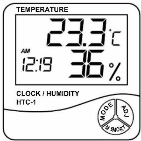 TEMPERATURE 23.3°C AM 12:19 36% CLOCK / HUMIDITY HTC-1 MODE ADJ M BORY
